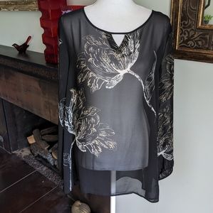 Susan Graver Women's 14 Placement Print Sheer Chiffon Black Tunic with Keyhole